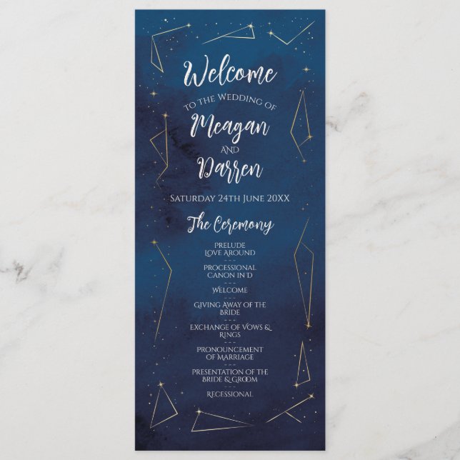 Star Sign Navy Wedding Menu Ceremony Details (Front)