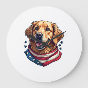 Star Spangled Golden Retriever Vintage Tee Large Clock