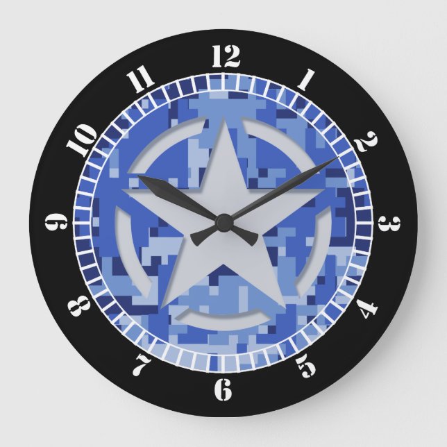 Star Stencil Vintage Navy Blue Dial Large Clock (Front)
