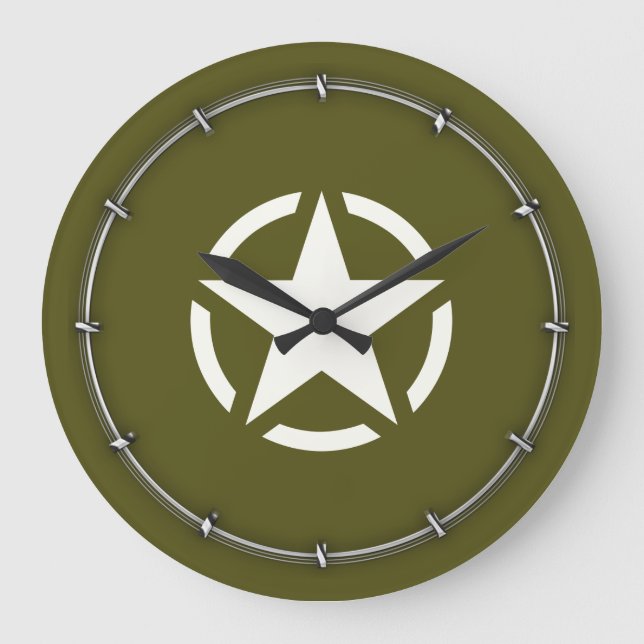 Star Stencil Vintage on Khaki Green Large Clock (Front)