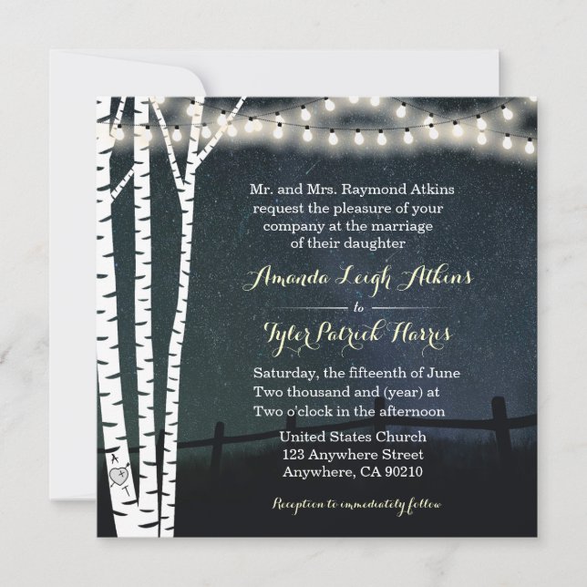 Star String Light Birch Tree Invitations de mariag (Devant)