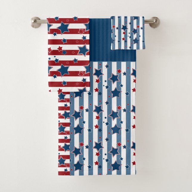 Star striped pattern in red and blue tones throw p bath towel set (Insitu)