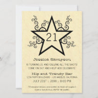 Star Swirls 21st Birthday Party Invitation, Black