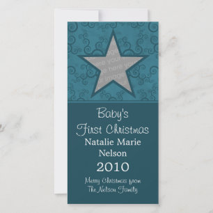 Star Swirls First Christmas Photo Card, Blue Holiday Card