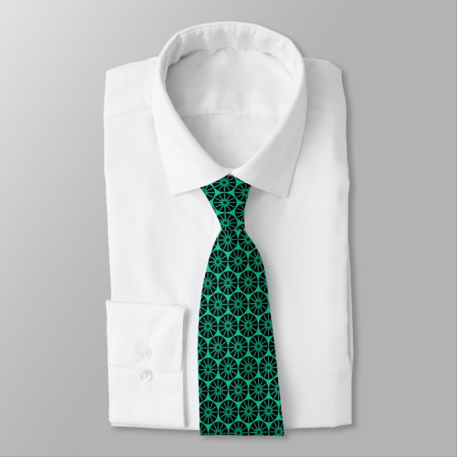 Star Wheel Pattern - Black on Green 00CC99 Tie (Tied)