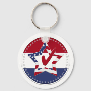 Star with US Flag, Red Check & 50 Stars - round Keychain