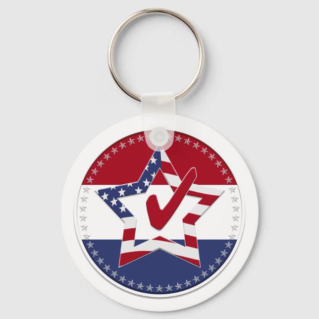 Star with US Flag, Red Check & 50 Stars - round Keychain (Front)