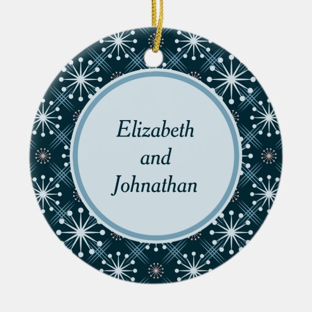 Starburst and Lines Mid Century Pattern Blue Ceramic Ornament (Front)