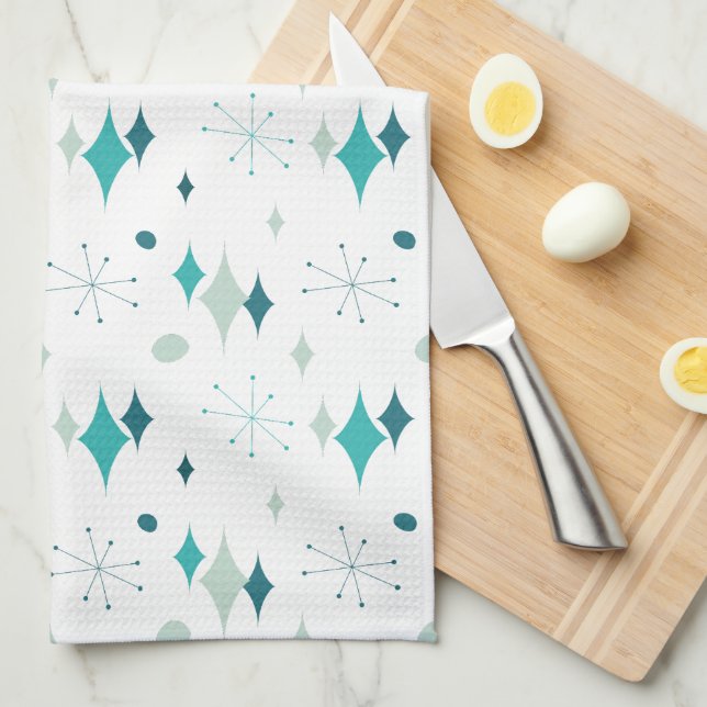 Starburst Mid Century Modern Pattern Teal Aqua  Kitchen Towel (Quarter Fold)