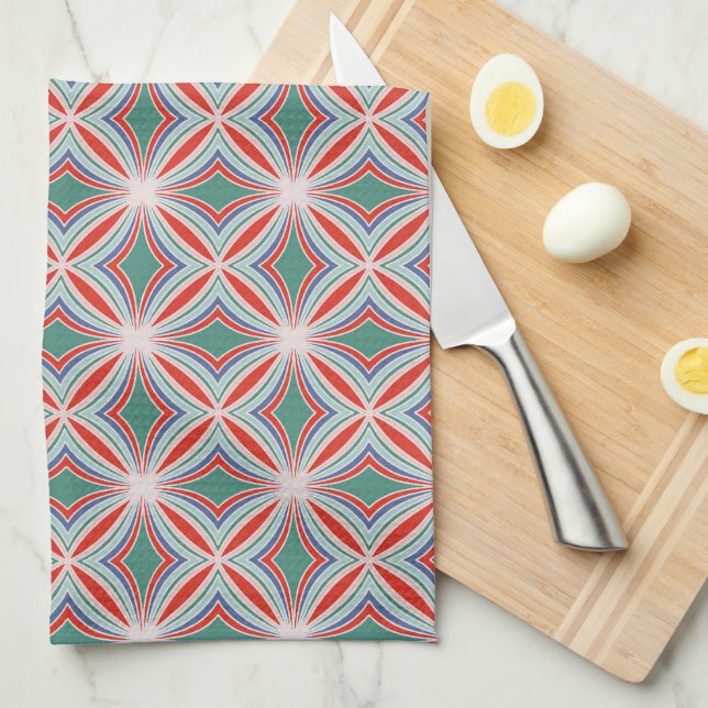 Starburst Striped Tile Pattern in Red, Green, Blue Kitchen Towel (Quarter Fold)