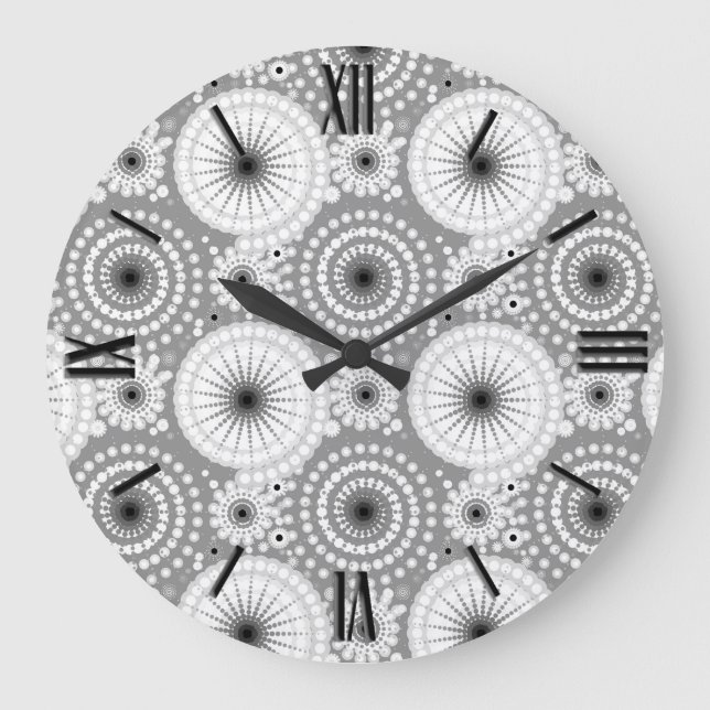Starbursts and pinwheels, grey, black and white large clock (Front)