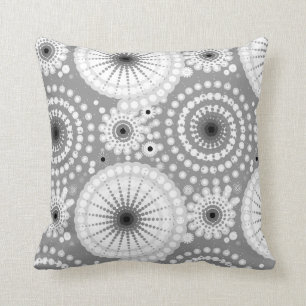Starbursts and pinwheels, grey, black and white throw pillow