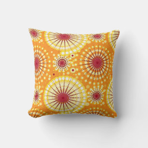 Starbursts and pinwheels, saffron and raisin throw pillow