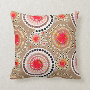 Starbursts and pinwheels, taupe, red, white throw pillow