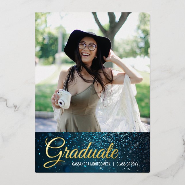 Stardust Blue Foil Photo Graduation Announcement (Front)