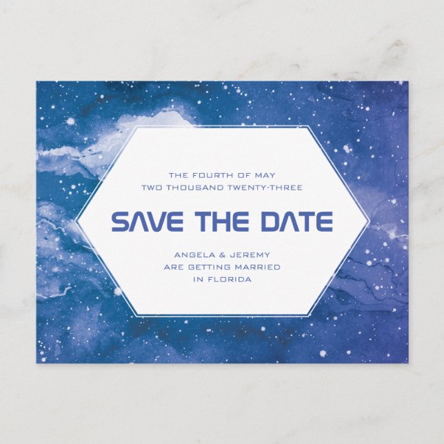 Stardust Cosmic Blue Save the Date Postcard (Front)