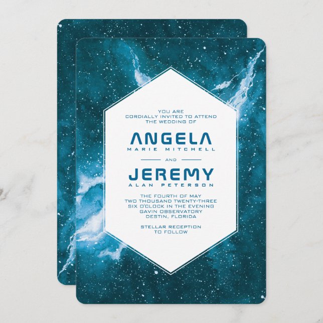 Stardust Cosmic Teal Blue Wedding Invitation (Front/Back)