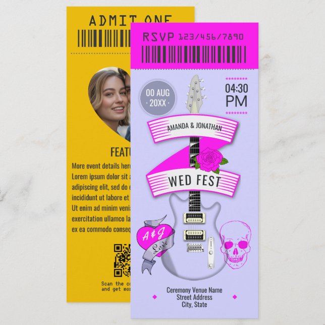 Stardust Pop Rock ’n’ Roll Wedding Ticket Invitation (Front/Back)