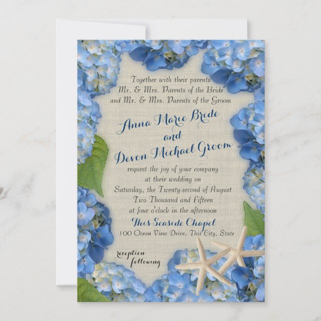 Starfish and Blue Hydrangea Wedding Invitation (Front)