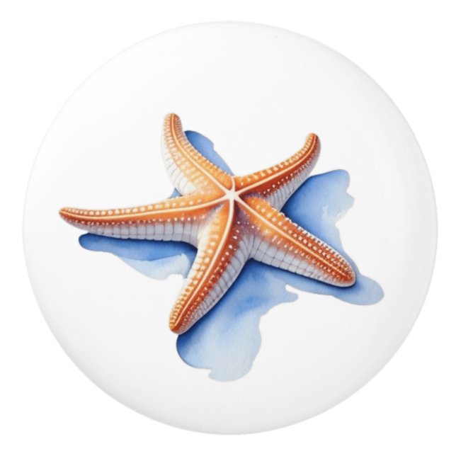 Starfish and Blue Silhouette Ceramic Knob (Front)