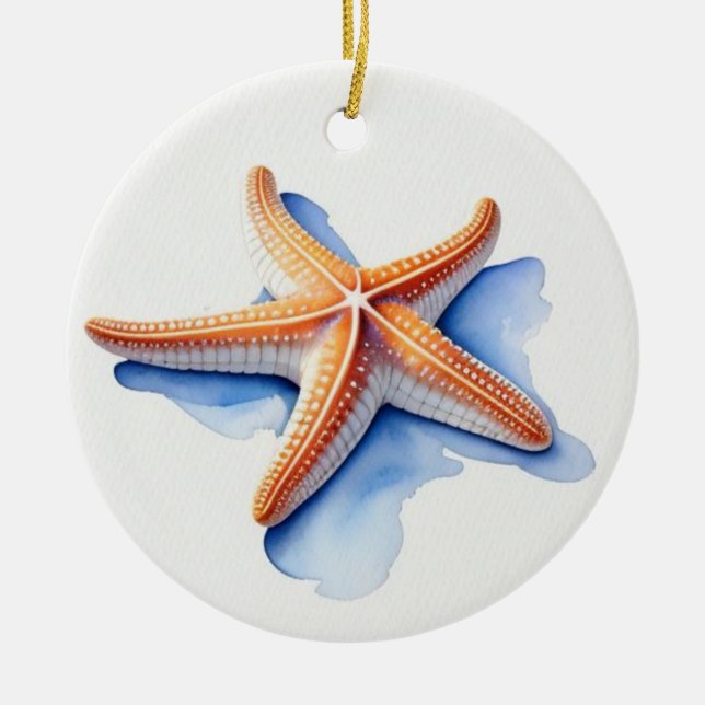 Starfish and Blue Silhouette Ceramic Ornament (Front)