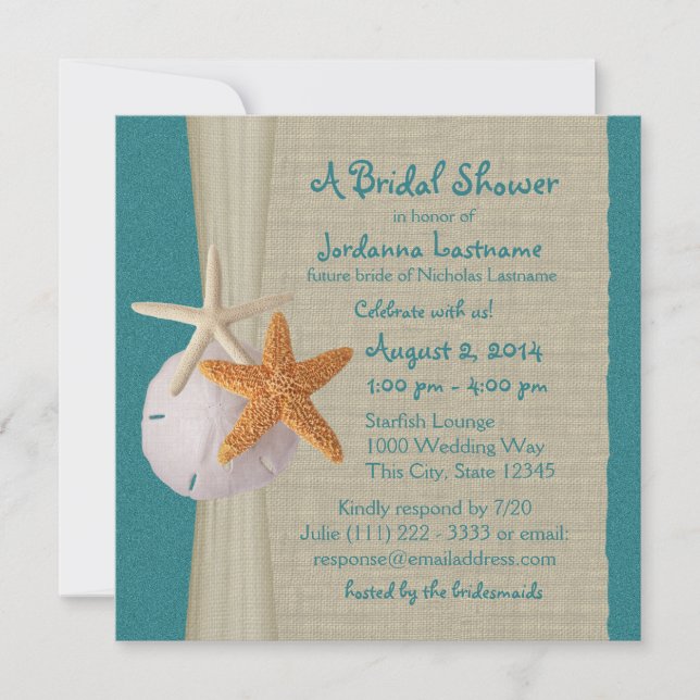 Starfish and Burlap Look Teal Bridal Shower Invitation (Front)