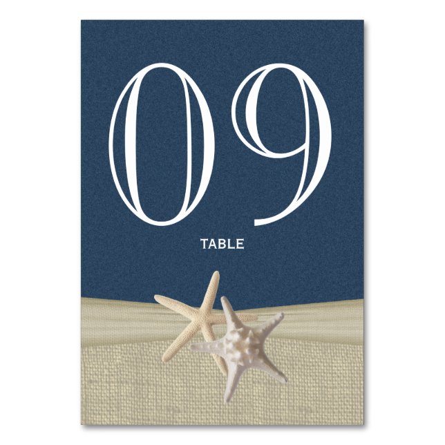 Starfish and Burlap Navy Blue Table Number Card (Front)