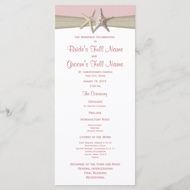 Starfish and Burlap Pink Beach Wedding Program (Front)