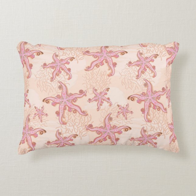 Starfish and Coral Pink Pastel Pattern Accent Pillow (Front)