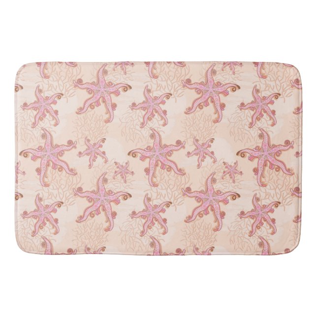 Starfish and Coral Pink Pastel Pattern Bath Mat (Front)