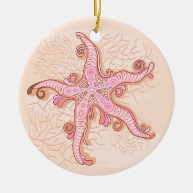Starfish and Coral Pink Pastel Pattern Ceramic Ornament (Front)