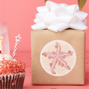 Starfish and Coral Pink Pastel Pattern Classic Round Sticker