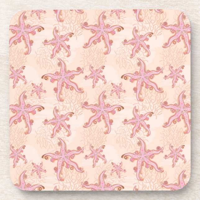 Starfish and Coral Pink Pastel Pattern Coaster (Front)