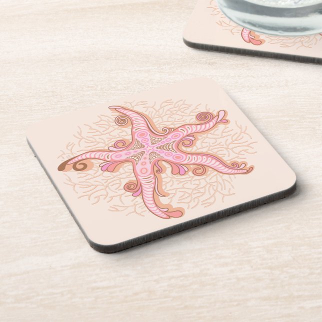 Starfish and Coral Pink Pastel Pattern Coaster (Left Side)