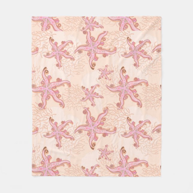 Starfish and Coral Pink Pastel Pattern Fleece Blanket (Front)