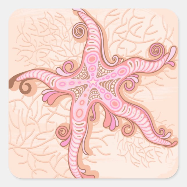 Starfish and Coral Pink Pastel Pattern Square Sticker (Front)