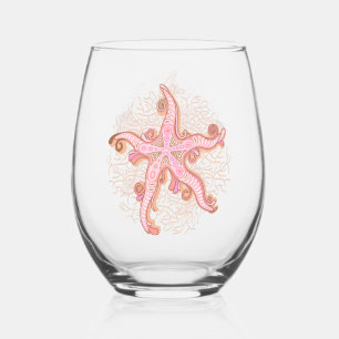 Starfish and Coral Pink Pastel Pattern Stemless Wine Glass