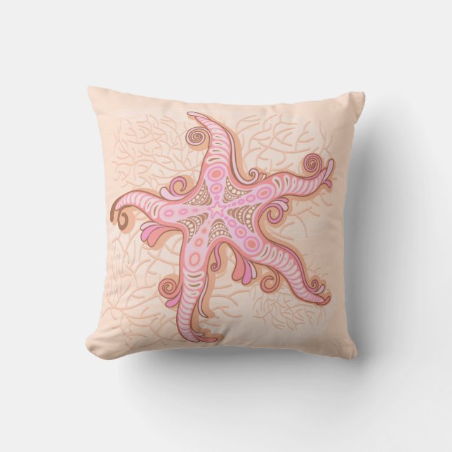 Starfish and Coral Pink Pastel Pattern Throw Pillow (Front)