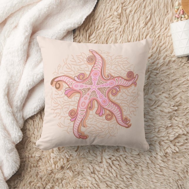 Starfish and Coral Pink Pastel Pattern Throw Pillow (Blanket)
