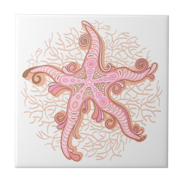Starfish and Coral Pink Pastel Pattern Tile (Front)