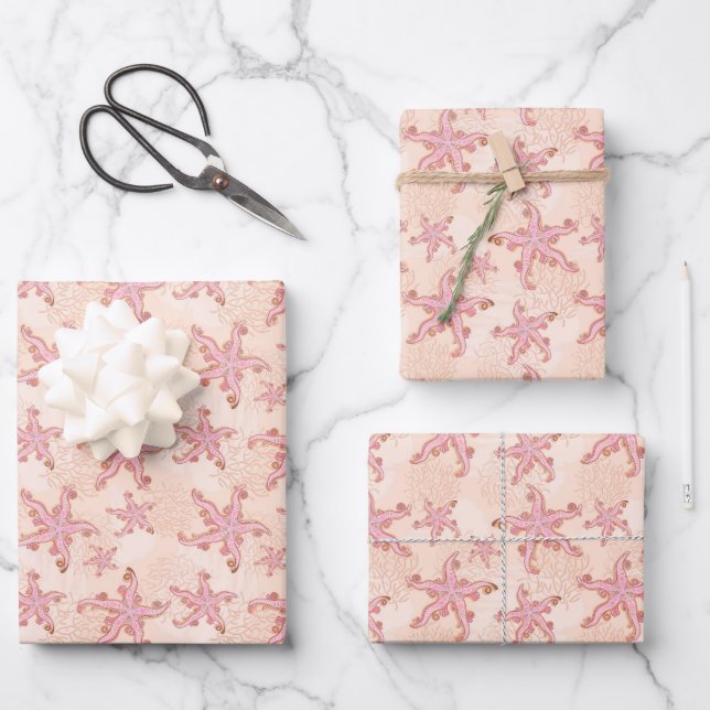 Starfish and Coral Pink Pastel Pattern Wrapping Paper Sheet (Front)