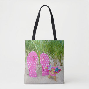 starfish and flip-flops in sand tote bag