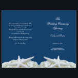 Starfish and Flowers Navy Wedding Program Template<br><div class="desc">Navy and white, starfish and white hydrangeas, wedding program template. Dark blue paper holds white text as example wording on four sides of this paper to be folded in half. The bottom of the front and back pages will have a white hydrangea and starfish border. Please carefully check all text...</div>