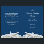 Starfish and Flowers Navy Wedding Program Template<br><div class="desc">Navy and white, starfish and white hydrangeas, wedding program template. Dark blue paper holds white text as example wording on four sides of this paper to be folded in half. The bottom of the front and back pages will have a white hydrangea and starfish border. Please carefully check all text...</div>