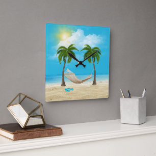 Starfish and Hammock on Tropical Beach  Square Wall Clock