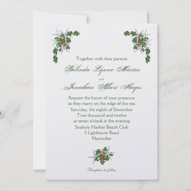 Starfish and Holly White Ice Wedding Invitation (Front)