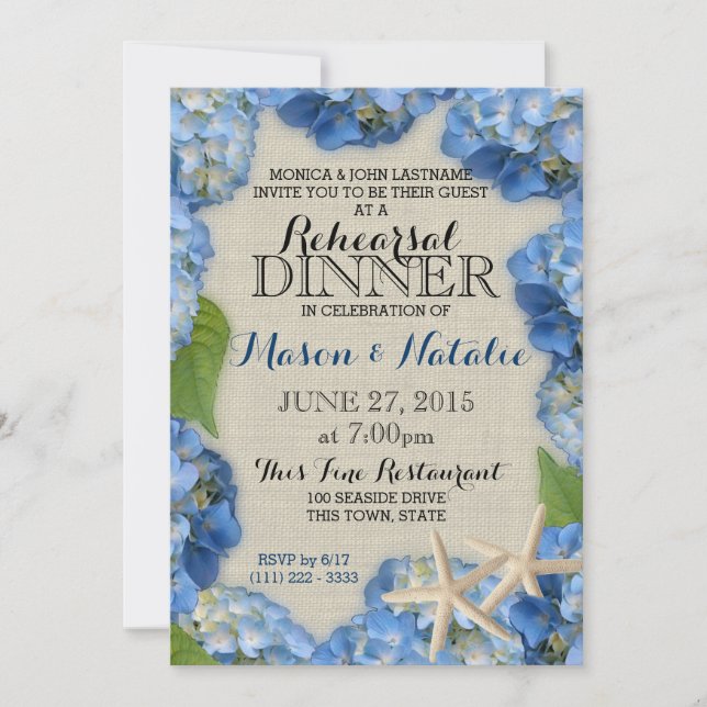 Starfish and Hydrangeas Beach Rehearsal Dinner Invitation (Front)