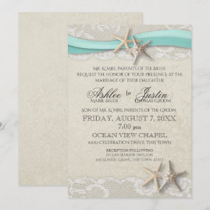 Starfish and Lace Beach Aqua Wedding Invitation