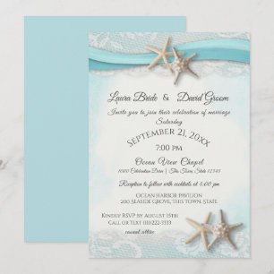 Starfish and Lace Beach Ocean Blue Wedding Invitation