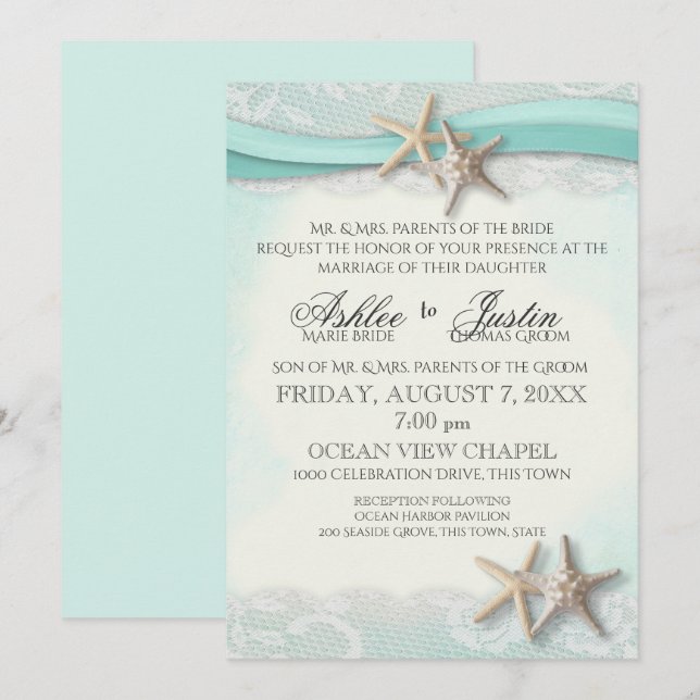 Starfish and Lace Beach Watercolor Aqua Wedding Invitation (Front/Back)